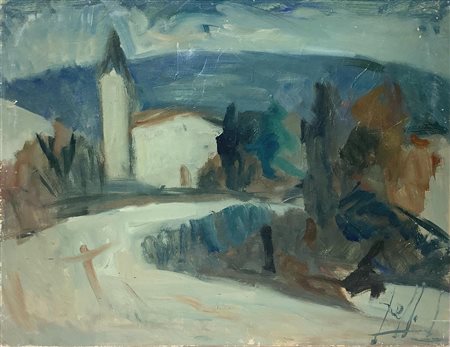 Dipinto ad olio su tela raffigurante paesaggio montano. Firma illeggibile in...