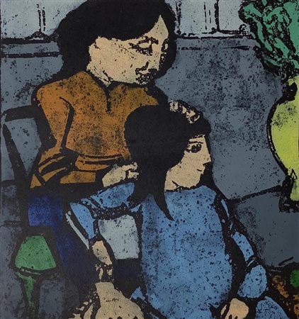 Acquaforte e acquatinta a colori raffigurante madre e figlia, 2/20, firmato...