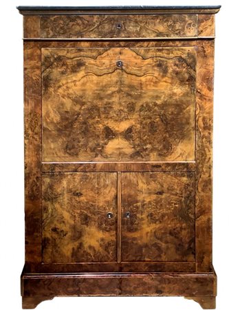 Secr&eacute;taire in radica di noce, Francia, XIX secolo. Piano in bardiglio...