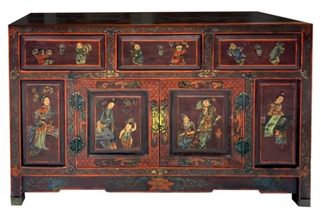 Mobile cinese in legno laccato con scene di genere, Cina, anni â€™60. Dipinto...
