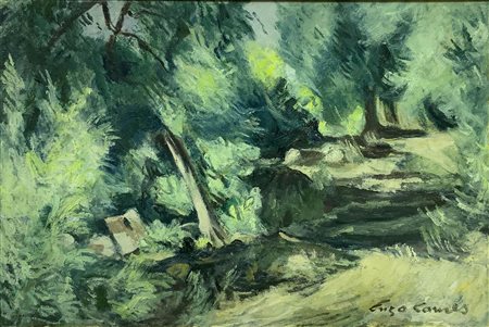 Dipinto ad olio su tela raffigurante composizione con alberi, cm 40x50, in...