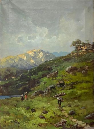 Dipinto ad olio su tela raffigurante paesaggio montano con personaggi, inizi...