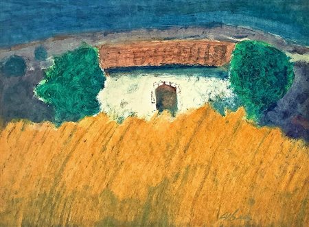 Pastello su cartoncino raffigurante paesaggio con case e alberi. Firmato...