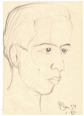 Disegno a matita su carta raffigurante volto di uomo su entrambi i lati,...