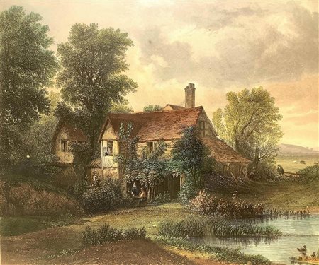 Incisione in acciaio allâ€™acquaforte acquarellata raffigurante casa in Old...