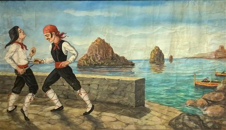 Gouache su carta raffigurante duello rusticano nei pressi di Acitrezza. XX...