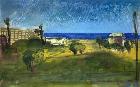 Disegno a pastello raffigurante paesaggio, di G. Longo, cm 33,5x49, in...