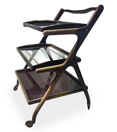 Carrello bar di Cesare Lacca, anni '50 . H cm 80. Struttura in legno marrone...