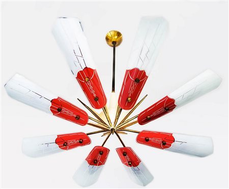 Stile Arredoluce, lampadario in ottone laccato rosso e bianco diffusori in...