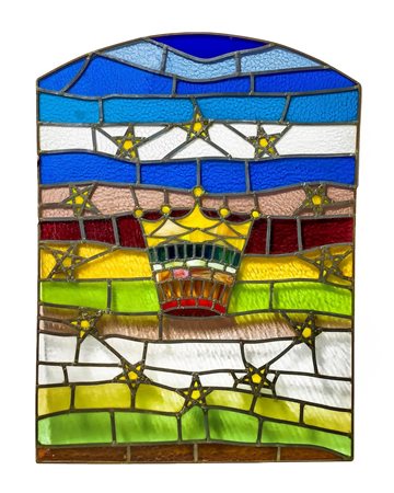 Vetrata a piombo con vetri cattedrale decorata con corona e stelle. H cm 120x88