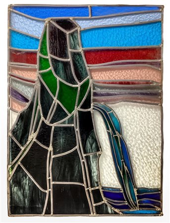 Vetrata a piombo con vetri cattedrale decorata. H cm 91x67