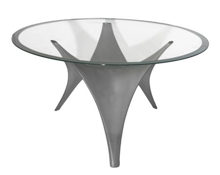 Produzione Molteni, Design Foster + Partenrs, mod. Arc, tavolo scultura, piano di forma rotonda in vetro trasparente, basamento di forma complessa in fibra di cemento "leggera" stampata e colorata in massa. Segni d'uso. Cm 73, diametro cm 130