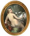 Pastello ovale su cartoncino raffigurante Leda e il cigno, XIX secolo. Cm...