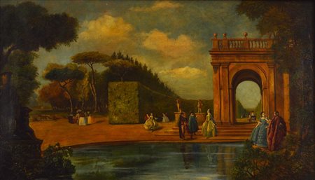 Scuola Italiana di inizi XX secolo VEDUTA olio su tela, cm 68,5x118 Lievi danni