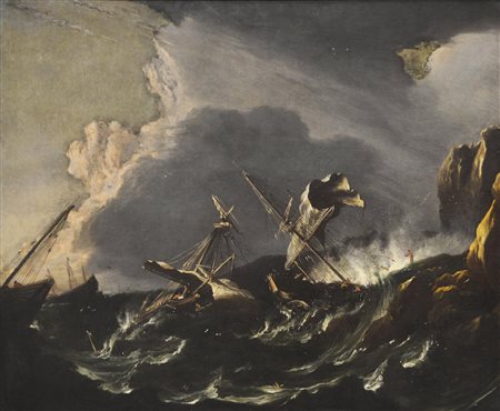 Attribuito ad Antonio Maria Marini MARE IN TEMPESTA CON VELIERI olio su tela,...