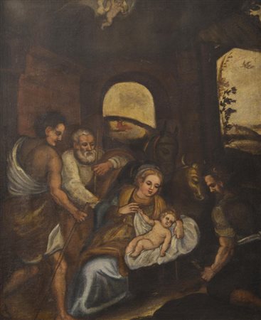 Scuola dell'Italia Centrale del XVI secolo NATIVITA' Olio su tela, cm 74x59,5