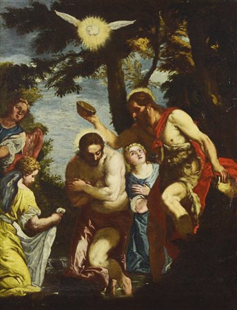 Scuola Veneta del XVII secolo BATTESIMO DI CRISTO olio su tela, cm 64x50...