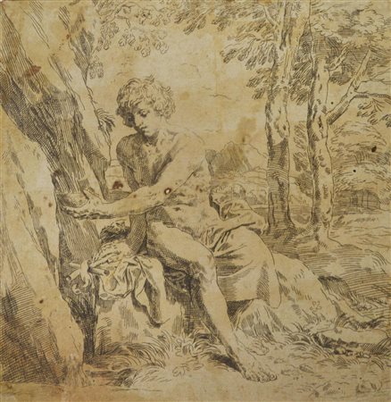 Simone Cantarini SAN GIOVANNI BATTISTA NEL DESERTO acquaforte, foglio cm...