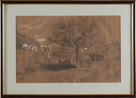 BORGIA C. Casolari e personaggi. Tecnica mista su carta. Cm 27,5x43,5. Firma...