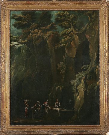 PITTORE DEL XIX SECOLO Paesaggio roccioso con lavandaie presso una fontana....