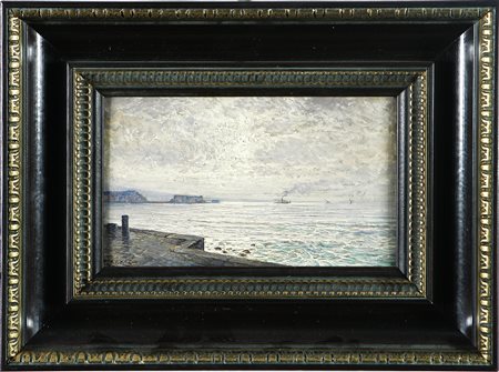 PRATELLA ATTILIO (1856 - 1949) Veduta marina con piroscafo all'orizzonte....
