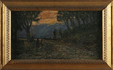 BARBIERI GIOBATTA (1958 - 1926) Paesaggio boscoso con lago e personaggi. oli...