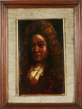 ARTISTA DEL XIX SECOLO Gentiluomo con parrucca. 93 Olio su tavola. Cm 20x15....