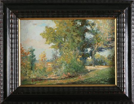 VERNI ARTURO (1928 - 1988) Bosco. Olio su tavola. Cm 26,5x38,5. firmato