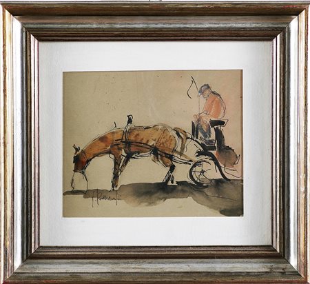 ROMANELLI VINCENZO (n. 1922) Carrozzella. Tecnica mista su carta. Cm 16,5x20....