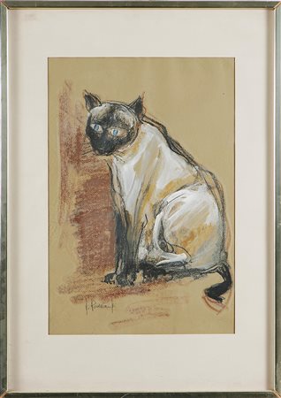 ROMANELLI VINCENZO (n. 1922) Gatto. Pastelli su carta. Cm 48,5x33. Firma in...
