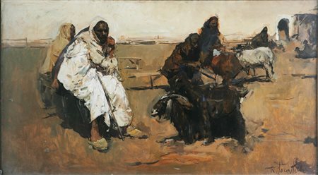 LOCATELLI ROMUALDO (1905 - 1943) Uomoni del deserto. Olio su cartone...