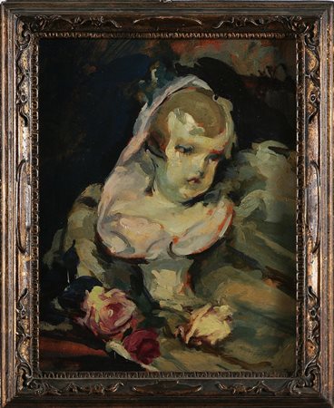 MUTTI ADOLFO Bimbo con rose. Olio su cartone. Cm 35,5x29. firmato in basso a...