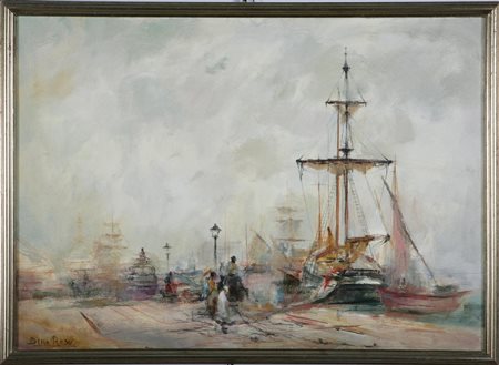 DINO ROSSI (n. 1904) Porto con barche. Olio su tela. Cm 70x60. Firma in basso...