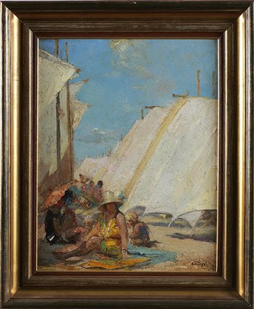 RIZZI EMILILIO (1881 - 1952) Sotto la tenda - le tende sulla spiaggia. Olio...