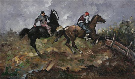 ISSUPOFF ALESSIO (1889 - 1957) Due cavalli al galoppo. 1954 Olio su tavola....