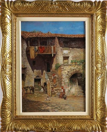 SANTORO RUBENS (1859 - 1942) Cascina. Olio su tela. Cm 34,5x24. Firma in...