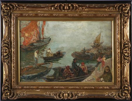BAZZARO LEONARDO (1853 - 1937) Barche e personaggi in Laguna. Olio su tela....
