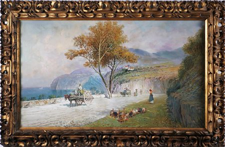 PETRUOLO SALVATORE (1857 - 1946) Veduta della costiera amalfitana. 1892 Olio...