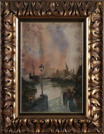 MARIANI POMPEO (1857 - 1927) Darsena con barche e personaggi. Acquarello su...