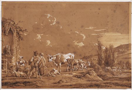 PALIZZI FILIPPO (1818 - 1899) Pastori e armenti. Tecnica mista su carta. Cm...