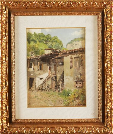BIANCHI ARTURO (1856 - 1939) Casolari in montagna. Olio su tavola. Cm 37x28....