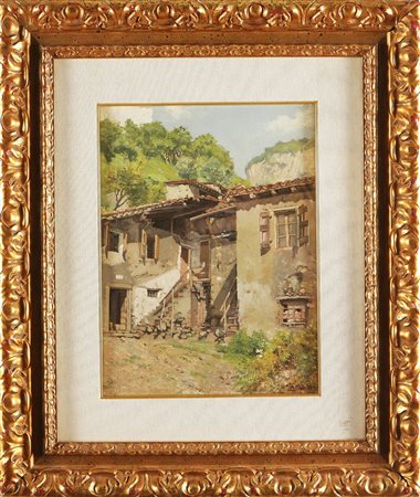 BIANCHI ARTURO (1856 - 1939) Casolari in montagna. Olio su tavola. Cm 37x28....