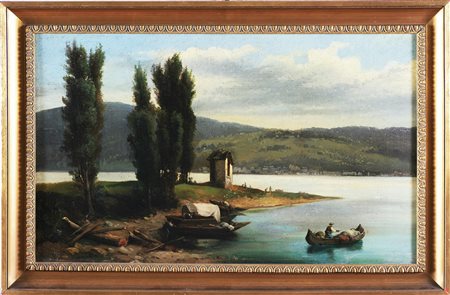 ARTISTA DEL LOMBARDO DEL XIX SECOLO Paesaggio con lago. Olio su tela. Cm...