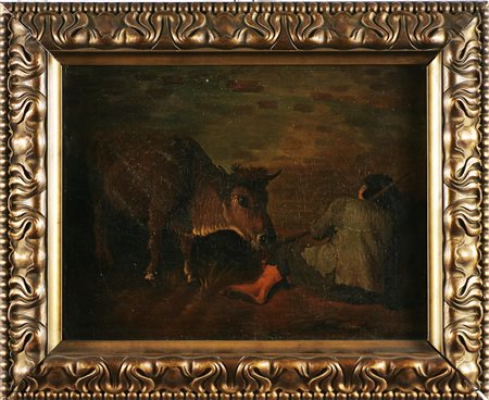 ARTISTA DEL XVIII SECOLO Mucca e pastore addormentato. Olio su tela. Cm...