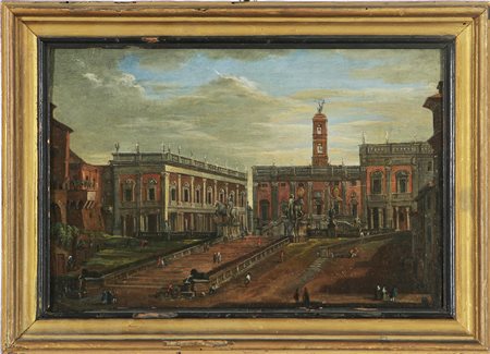 PITTORE DEL XVIII SECOLO Veduta del Campidoglio. Olio su tela. Cm 22x32.