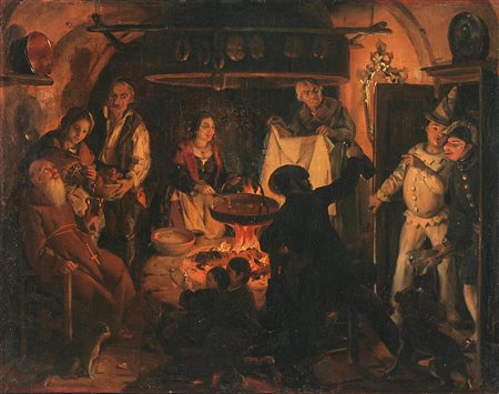 INGANNI ANGELO (1807 - 1880) Cucina con frittelle in carnevale. Olio su tela....