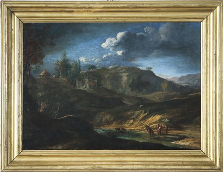 PITTORE DEL XVIII SECOLO Paesaggio montano con boscaioli ad un guado, Olio su...