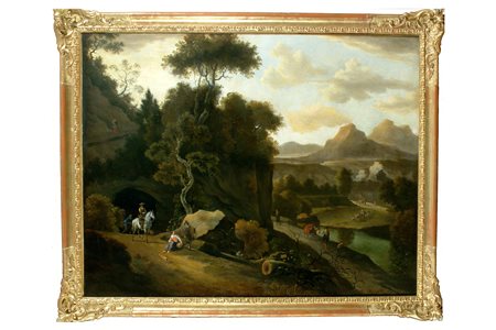 HACKAERT JAN (1629 - 1699) Paesaggio montano con fiume alberi e personaggi....