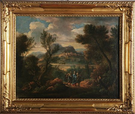 Seguace di - LOCATELLI ANDREA (1695 - 1741) Paesaggio con viandanti, Olio su...