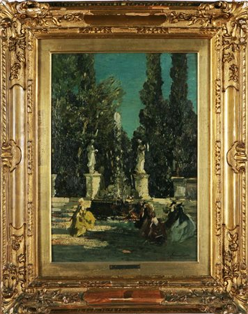 CIARDI EMMA (1879 - 1933) Giardino e fontana con personaggi in costumi...